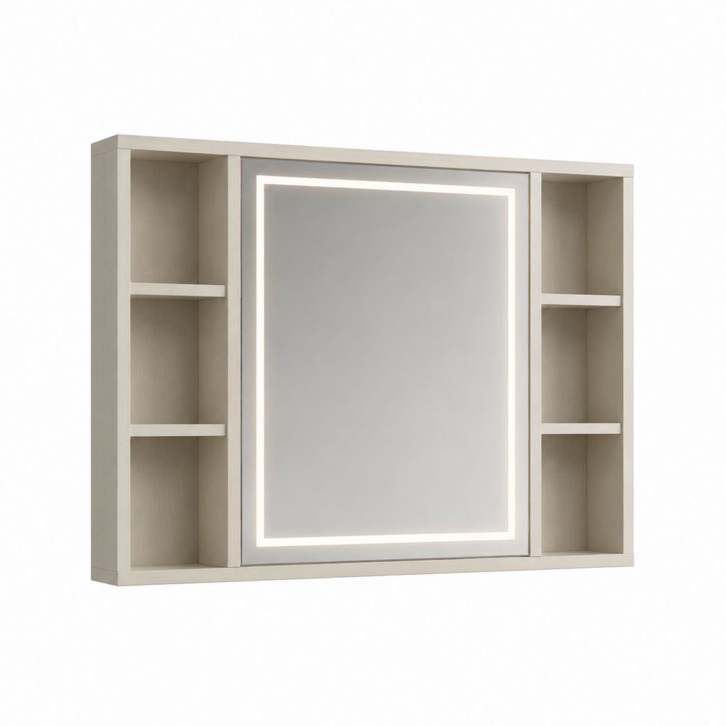 Armoire de toilette avec miroir LED rectangulaire beige en MDF et verre 80 x 60 x 15 cm