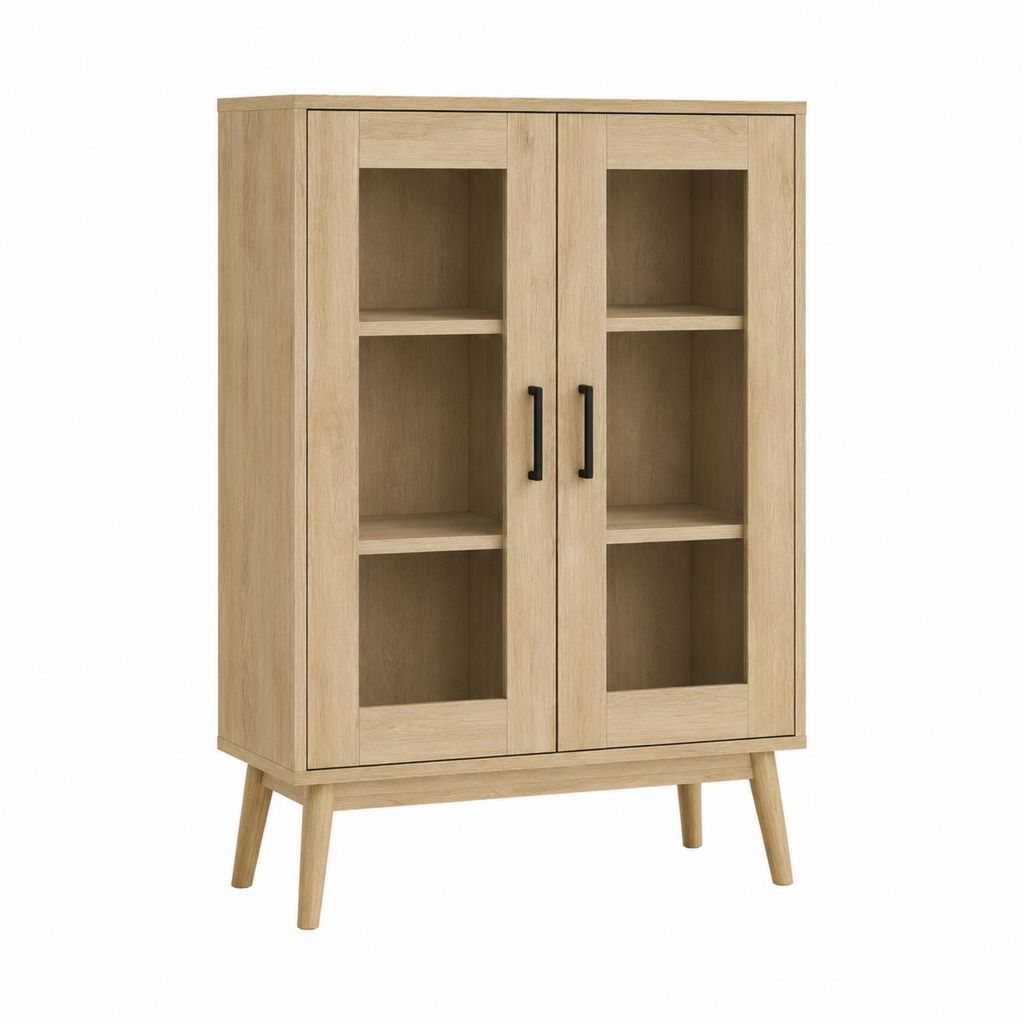 Buffet vitrine 2 portes chêne clair MDF et verre rectangulaire 100 x 40 x 160 cm