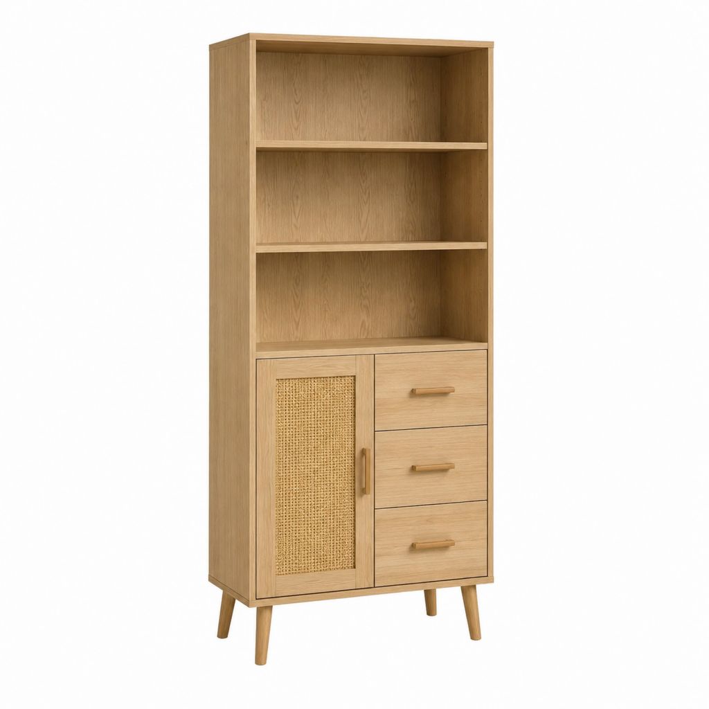 Buffet haut rectangulaire chêne naturel en MDF plaqué chêne avec cannage 80 x 40 x 190 cm