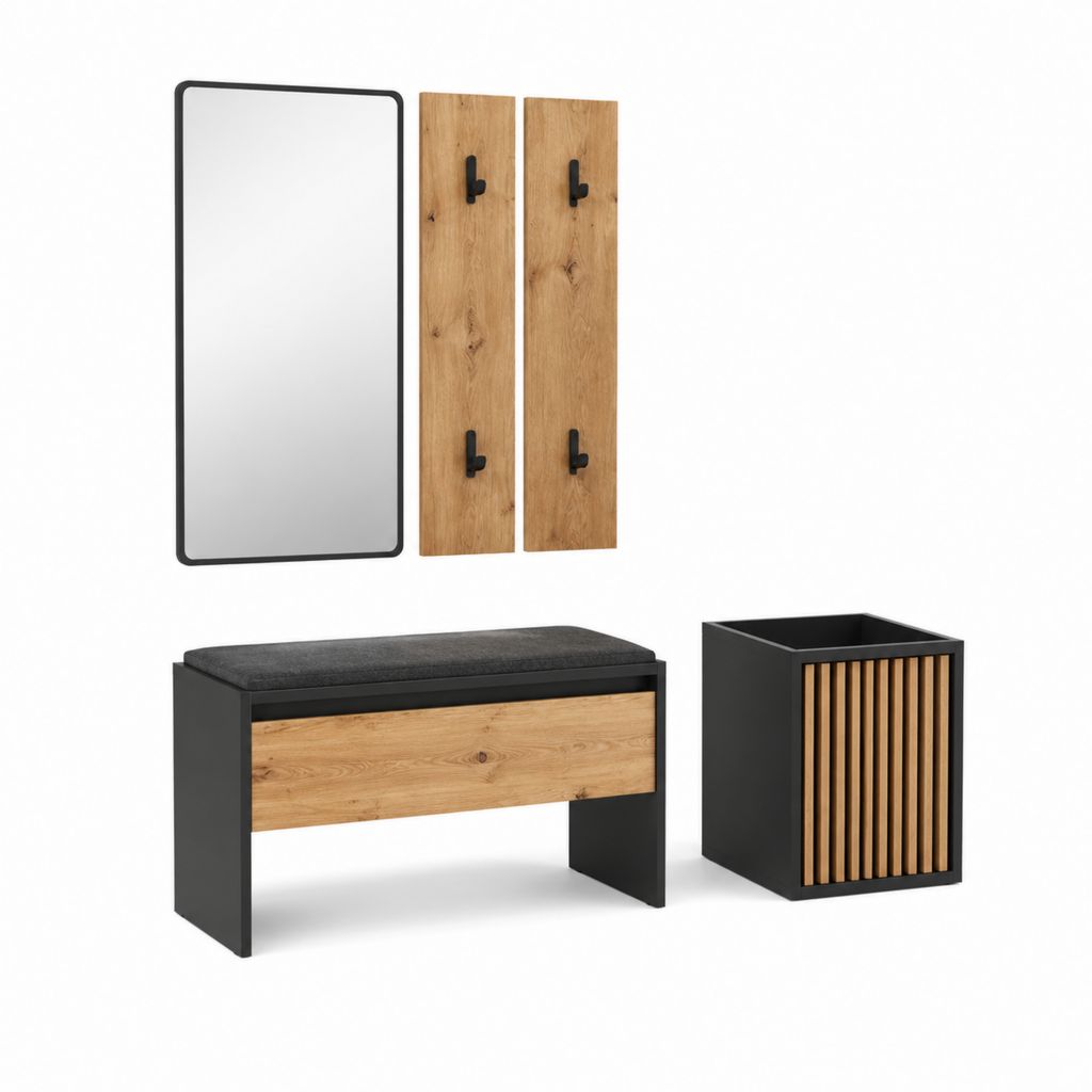 Ensemble meuble d'entrée 5 pièces noir et chêne clair en MDF avec miroir banc rangement et patères 100 x 40 x 50 cm