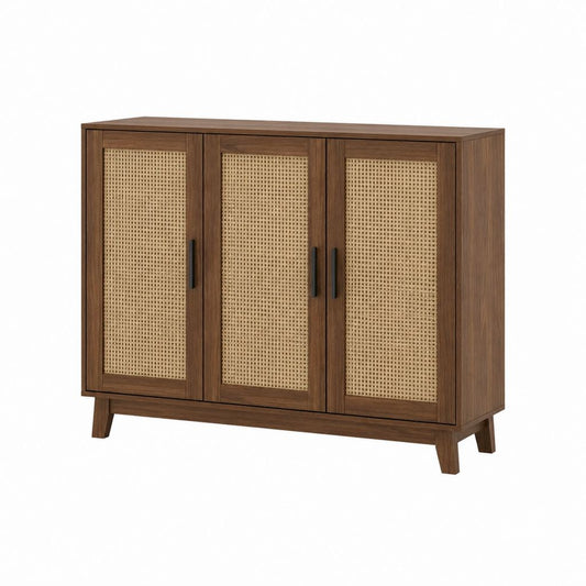 Armoire de rangement 3 portes brun noyer et rotin naturel 120 x 40 x 100 cm