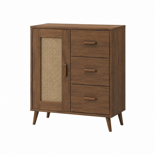 Buffet bas brun noyer en MDF avec cannage en rotin 1 porte et 3 tiroirs 80 x 40 x 100 cm