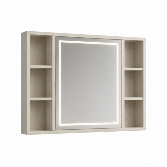 Armoire de toilette avec miroir LED rectangulaire beige en MDF et verre 80 x 60 x 15 cm