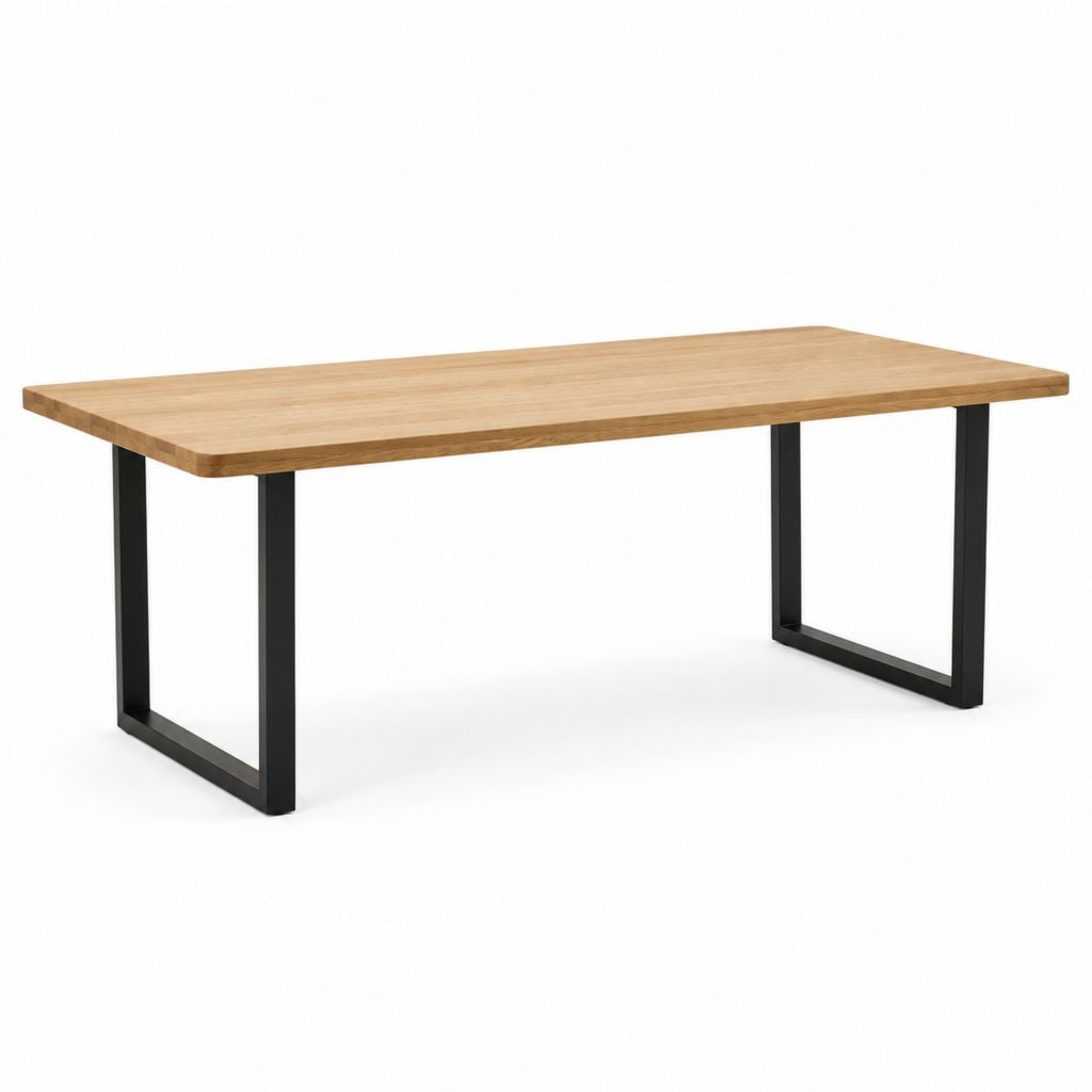 Table à manger rectangulaire en chêne massif naturel avec pieds en acier noir 180 x 90 x 75 cm
