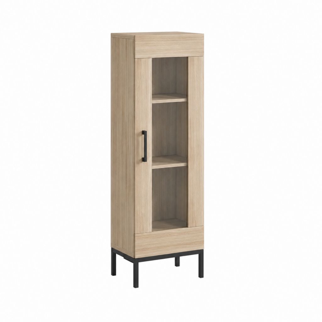 Buffet vitrine 1 porte chêne clair panneaux de particules verre trempé acier 50 x 40 x 180 cm