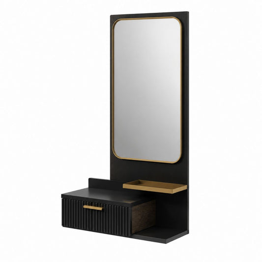 Meuble d'entrée mural noir en MDF avec miroir rectangulaire et tiroir 80 x 30 x 180 cm