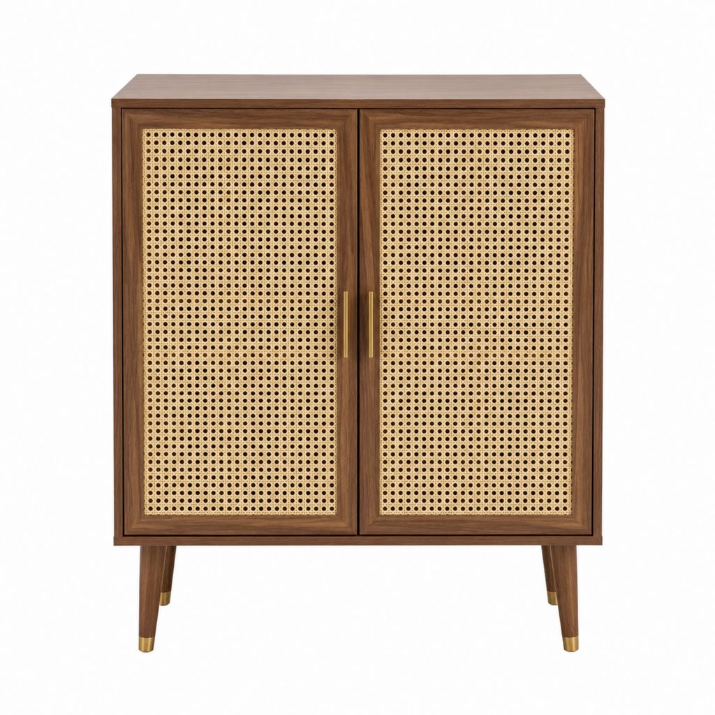 Buffet 2 portes marron en MDF plaqué noyer et cannage naturel 90 x 40 x 120 cm