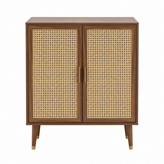 Buffet 2 portes marron en MDF plaqué noyer et cannage naturel 90 x 40 x 120 cm