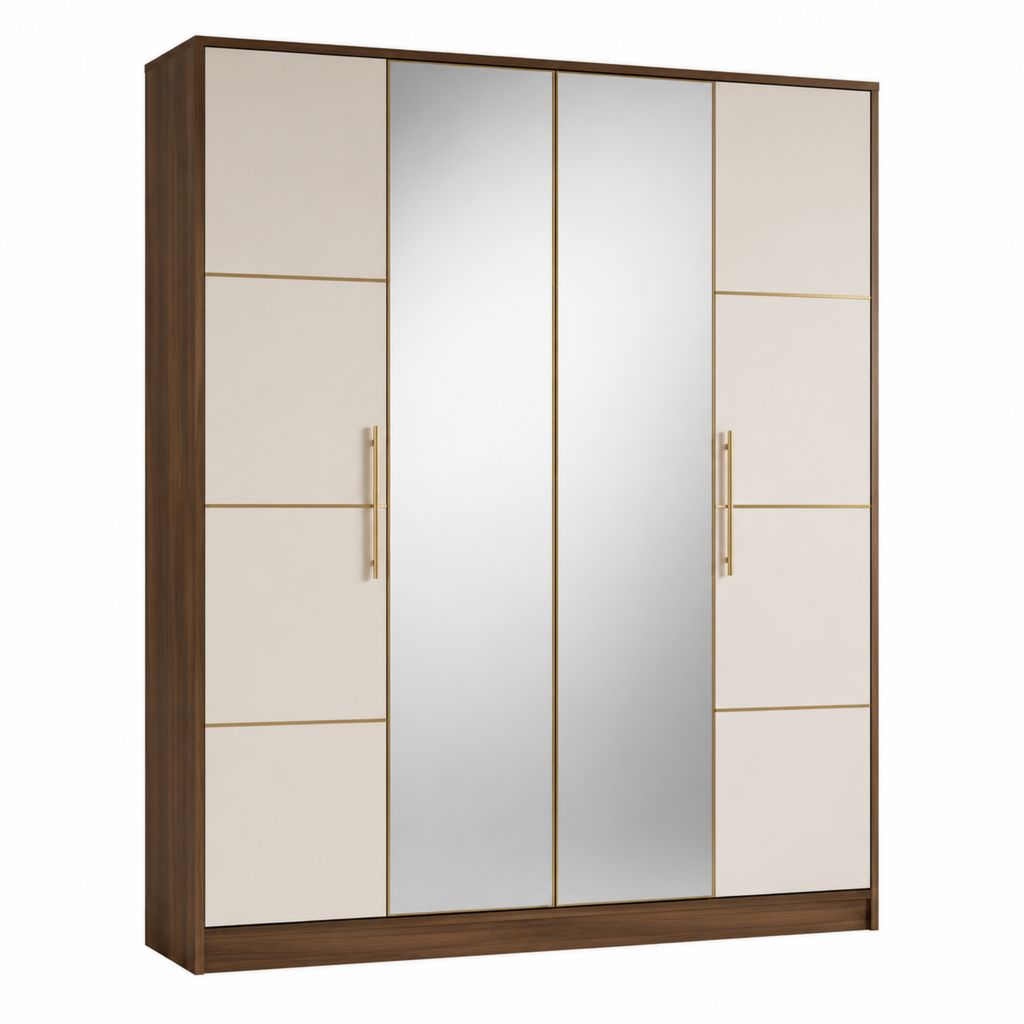 Armoire 4 portes battantes noyer beige avec 2 miroirs en verre 180 x 60 x 200 cm