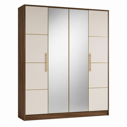 Armoire 4 portes battantes noyer beige avec 2 miroirs en verre 180 x 60 x 200 cm