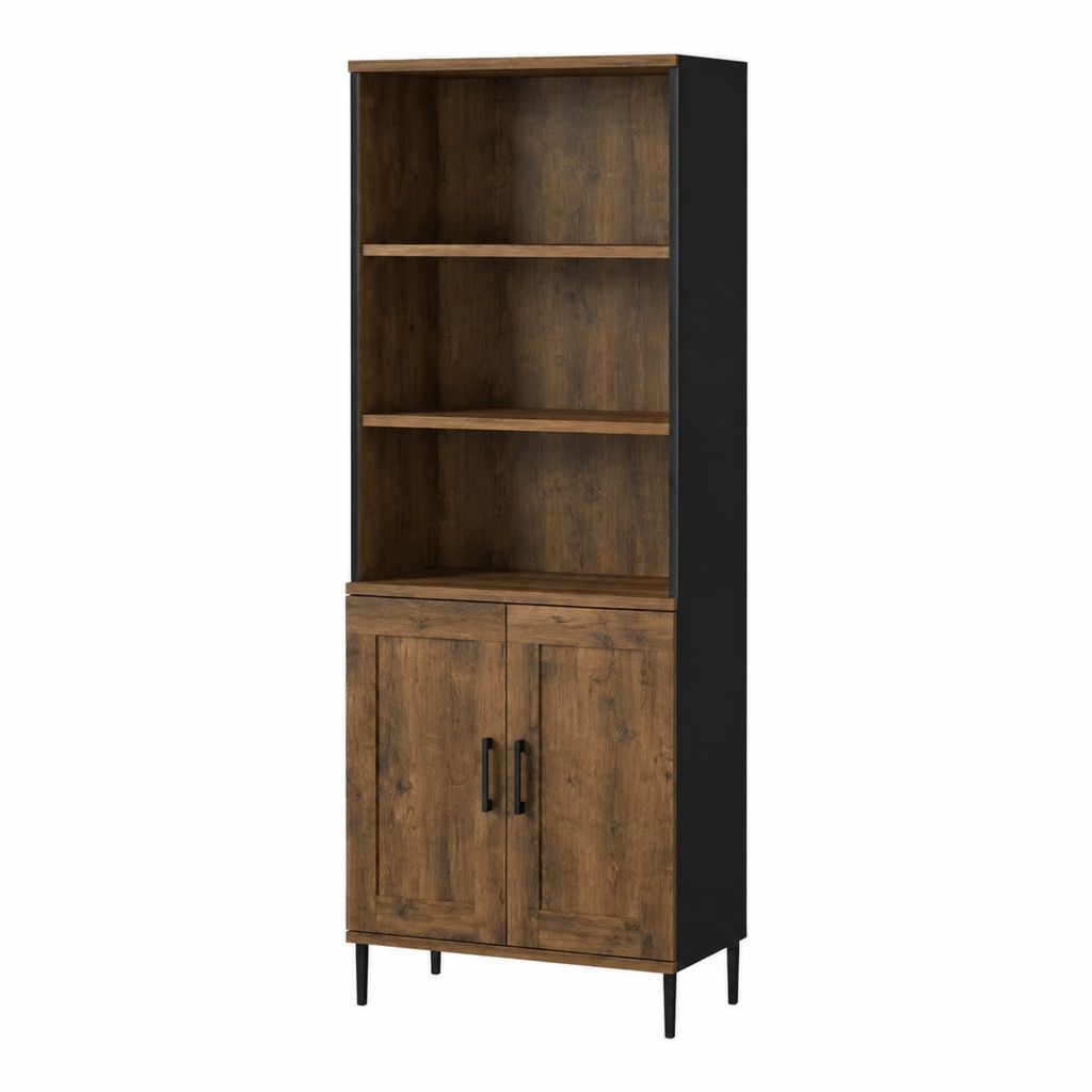 Buffet haut 2 portes avec étagères ouvert brun noyer et noir en panneaux de particules 80 x 40 x 180 cm
