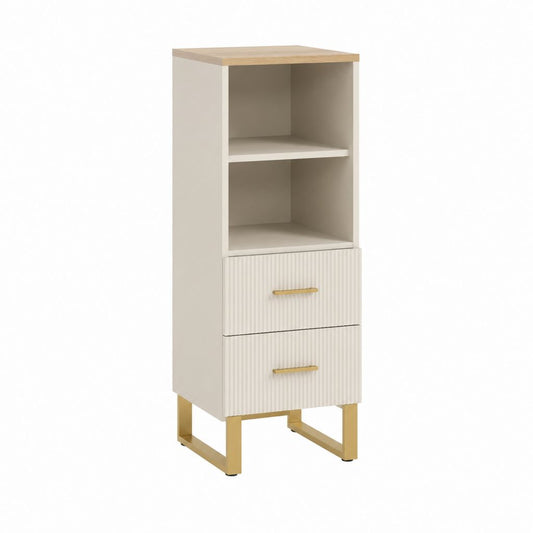 Buffet colonne de rangement blanc et chêne 40 x 35 x 120 cm avec 2 tiroirs et 2 niches