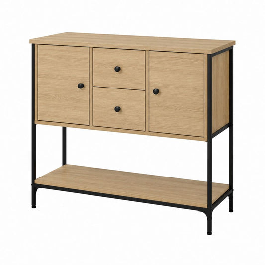 Buffet haut rectangulaire chêne clair et acier noir 100 x 40 x 100 cm avec 2 portes 2 tiroirs et étagère