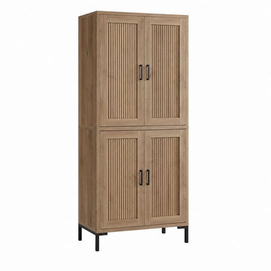 Buffet haut de rangement 4 portes chêne clair en MDF 80 x 40 x 180 cm