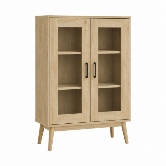 Buffet vitrine 2 portes chêne clair MDF et verre rectangulaire 100 x 40 x 160 cm