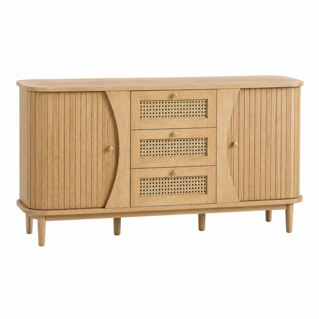 Buffet de salle à manger rectangulaire 3 tiroirs 2 portes en chêne naturel et cannage en rotin 160 x 45 x 85 cm