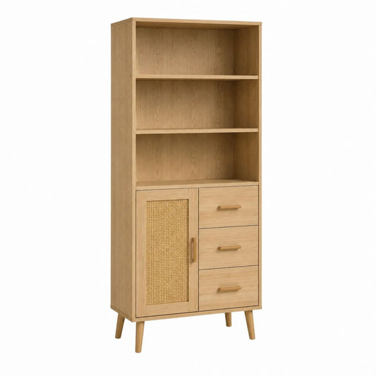 Buffet haut rectangulaire chêne naturel en MDF plaqué chêne avec cannage 80 x 40 x 190 cm
