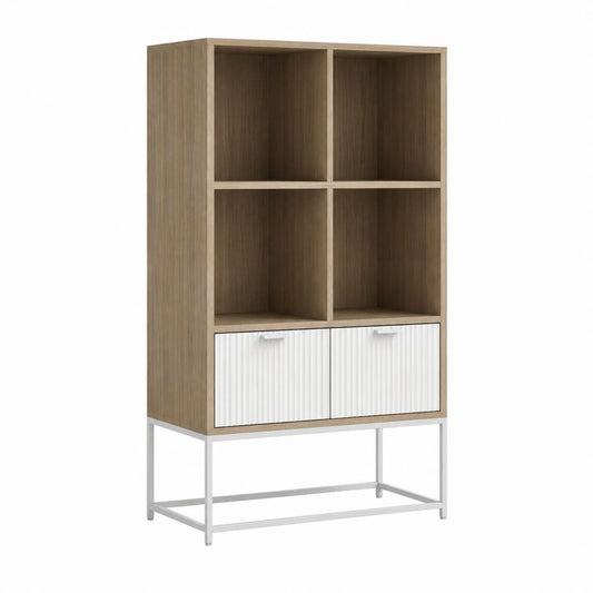 Buffet haut de rangement 80 x 40 x 180 cm chêne clair et blanc en panneaux de particules avec 4 niches et 2 portes