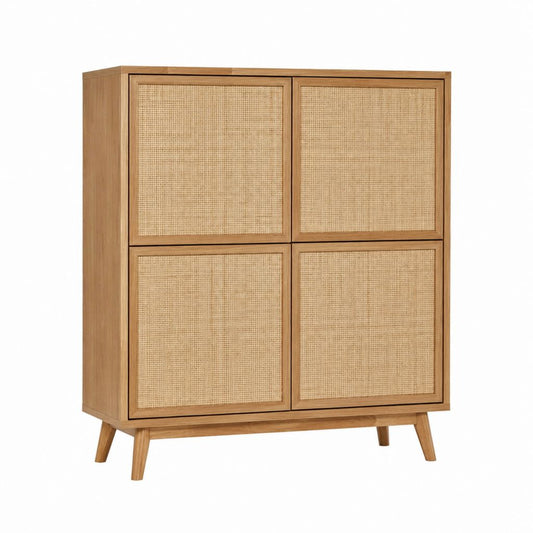 Buffet haut 4 portes en chêne et cannage naturel marron rectangulaire 90 x 40 x 110 cm