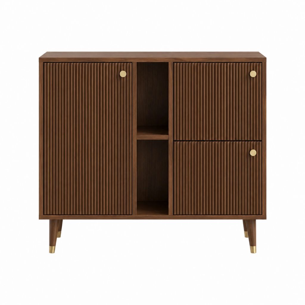 Buffet de salle à manger marron en MDF décor noyer avec portes rainurées 120 x 40 x 100 cm