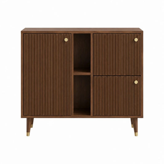 Buffet de salle à manger marron en MDF décor noyer avec portes rainurées 120 x 40 x 100 cm
